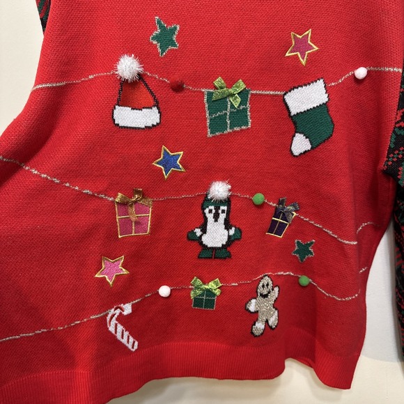 Feeling Festive XL Ugly Christmas Sweater Garland Presents Penguin Sleeves EUC - Picture 2 of 8